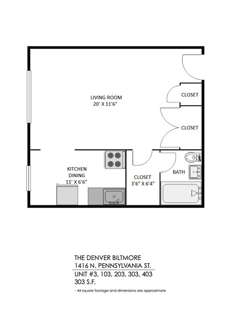 A black and white image of a floor plan for a living room, kitchen, and bathroom.